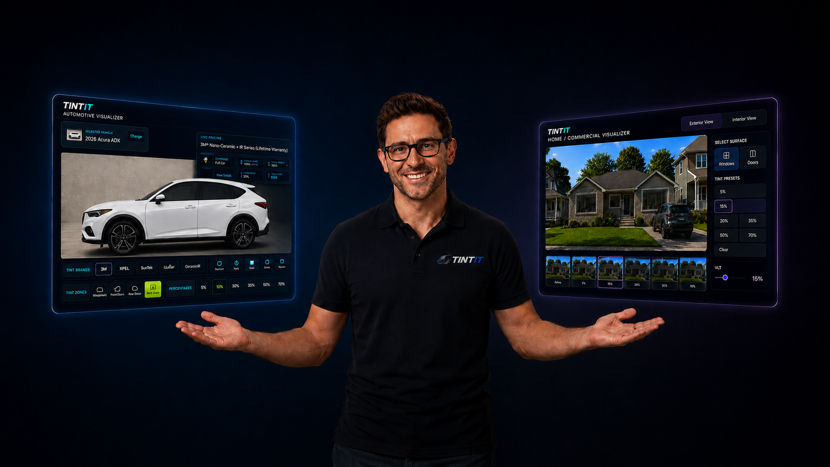 Tint It sales presenter showing the automotive visualizer and home commercial visualizer on two screens